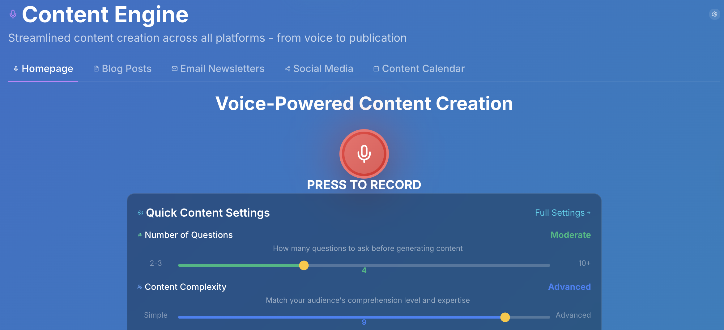 TrueFlow Constant Content Engine™ Voice-Powered Interface with customizable settings for content generation